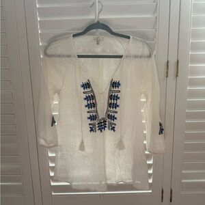 Joie White Smocked Top/Tunic with Subtle Texture & Embroidery Sz M